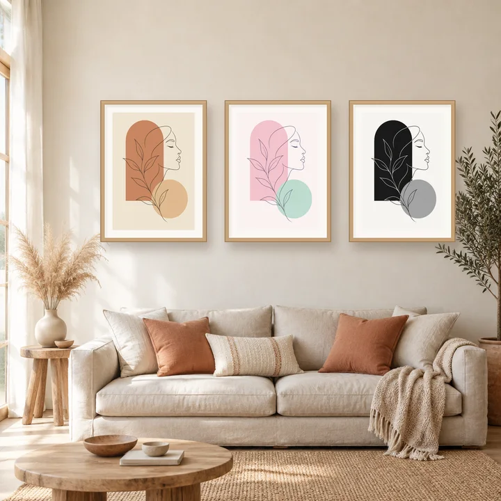 Mockup: tre stampe incorniciate in un soggiorno